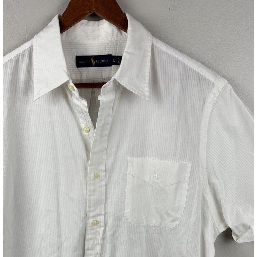 Ralph Lauren White Dress Short Sleeve shirt Men Large White Pony Cotton